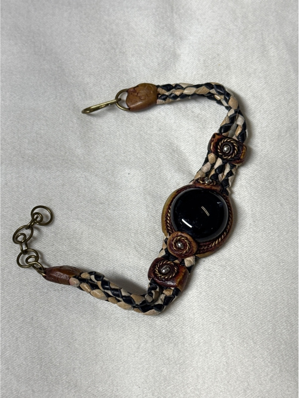 Handcrafted Braided Leather Bracelet with Black Stone Accent